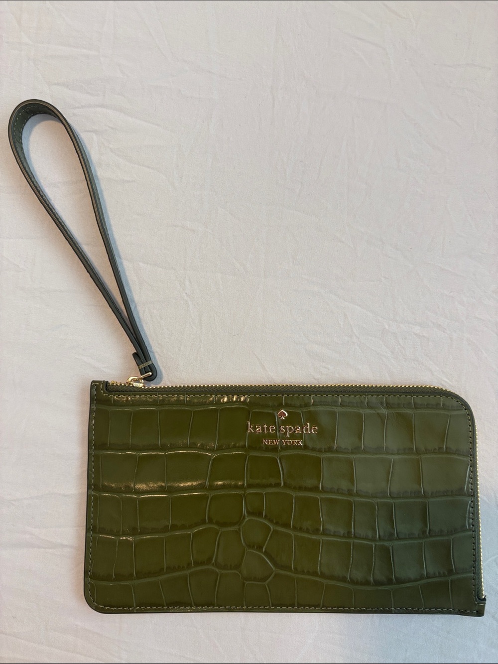 kate spade Olive Croc-Embossed Wristlet Clutch with Gold Logo